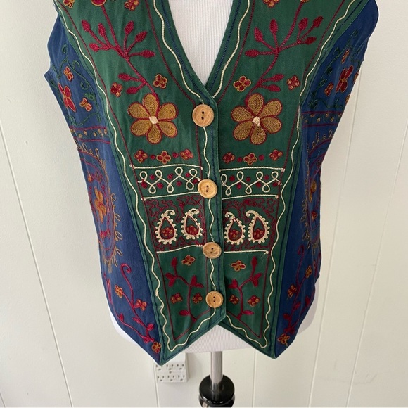 VTG 80s 90s Solutions Green Blue Floral Embroidered Vest Size Large Boho Grunge - Picture 4 of 15